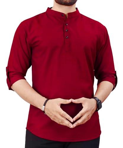 deemoon men's regular fit solid pattern short kurta red