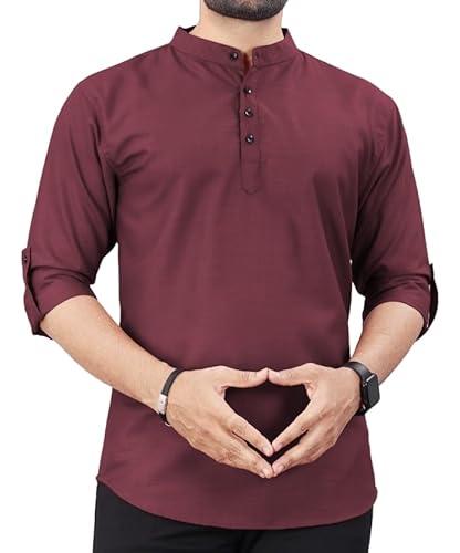 deemoon men's regular fit solid sprad collar casual shirt with a trendy mandarin collar crafted from a premium cotton blend maroon