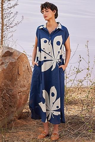 deep blue cotton mul printed maxi dress