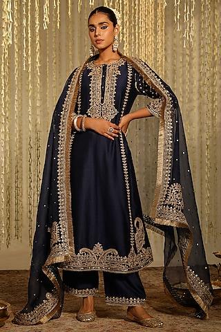 deep blue pure silk chanderi dori embroidered a-line kurta set for girls
