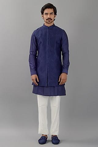 deep blue silk embroidered nehru jacket