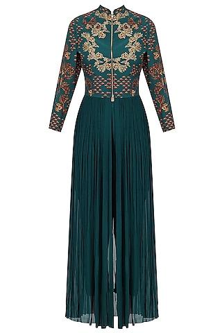 deep green crewel embroidered full length tunic with pants