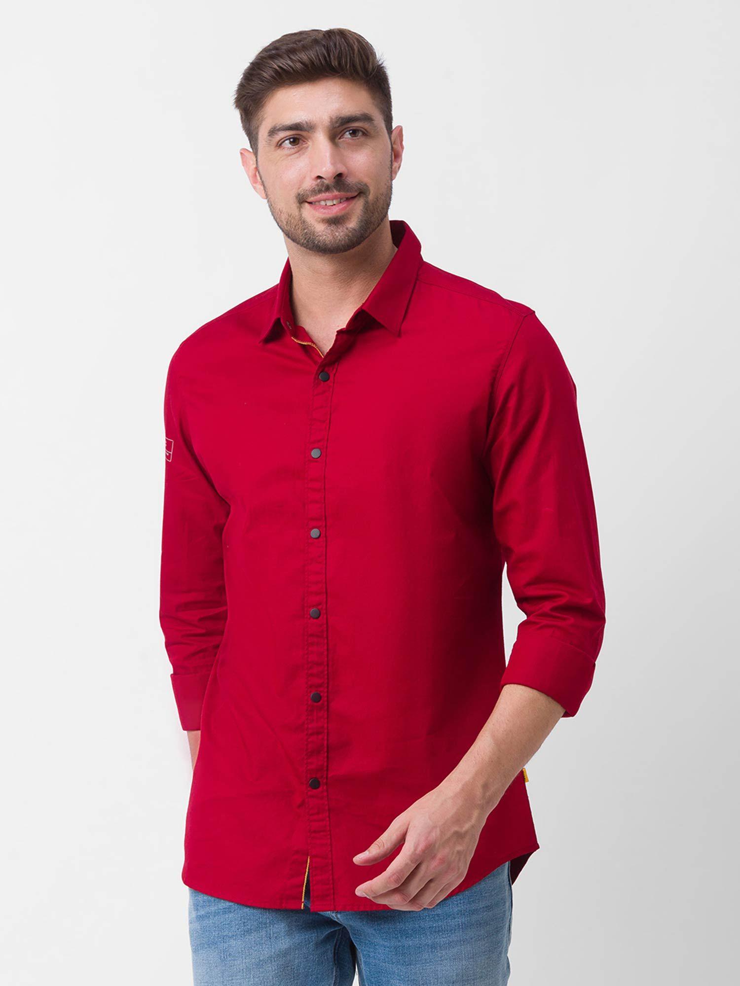 deep red cotton full sleeve plain shirt for men