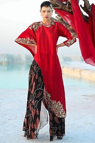 deep red cutdana embroidered tunic set