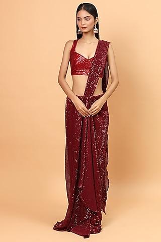deep red embroidered pre-draped saree set