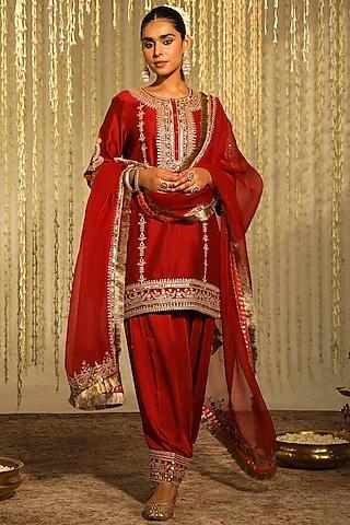 deep red silk chanderi embroidered a-line kurta set for girls
