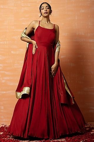 deep red silk gown with dupatta