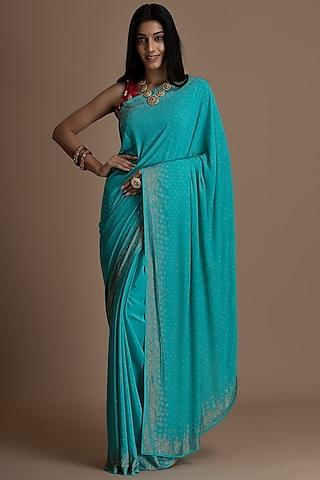 deep sky blue dola silk embroidered saree set