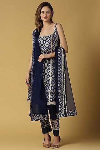 deep blue brocade kurta set