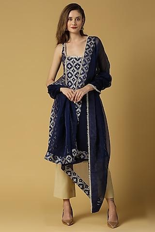 deep blue brocade kurta set