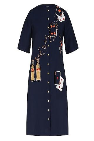 deep blue coca cola and playing cards motifs shift dress