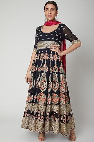 deep blue embroidered anarkali with dupatta