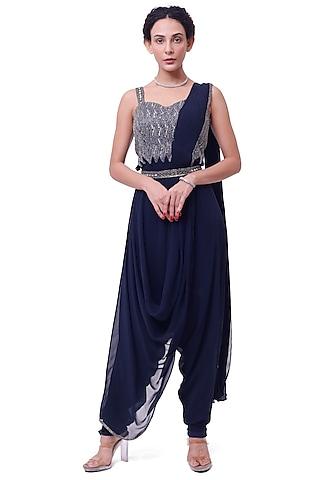 deep blue georgette jumpsuit style embellished draped saree set