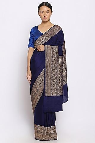 deep blue handwoven banarasi floral motifs crepe saree