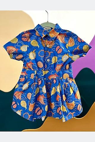 deep blue organic cotton printed playsuit for girls