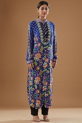 deep blue pure crepe printed tunic