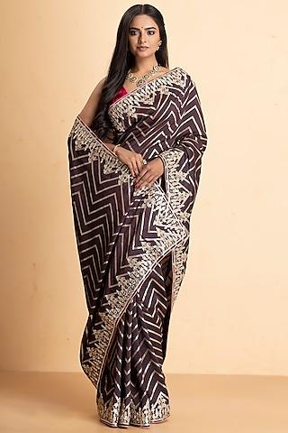 deep brown pure munga silk embellished saree