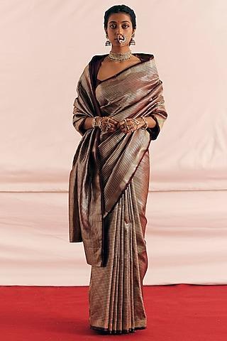 deep burgundy satin silk woven saree set