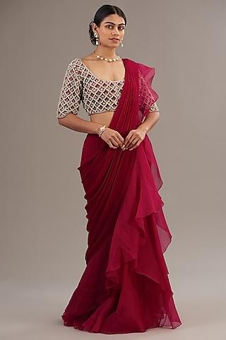 deep fuchsia chiffon & organza draped ruffled saree set
