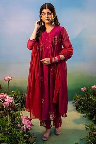 deep fuchsia cotton silk floral embroidered kurta set