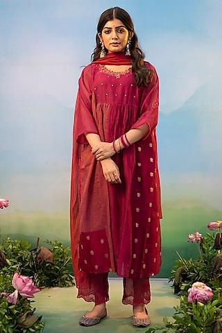 deep fuchsia pink cotton silk thread embroidered kurta set