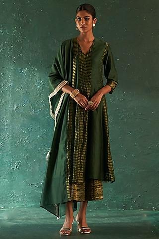 deep green chanderi & tissue anarkali set