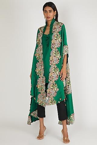 deep green embroidered tunic set with cape