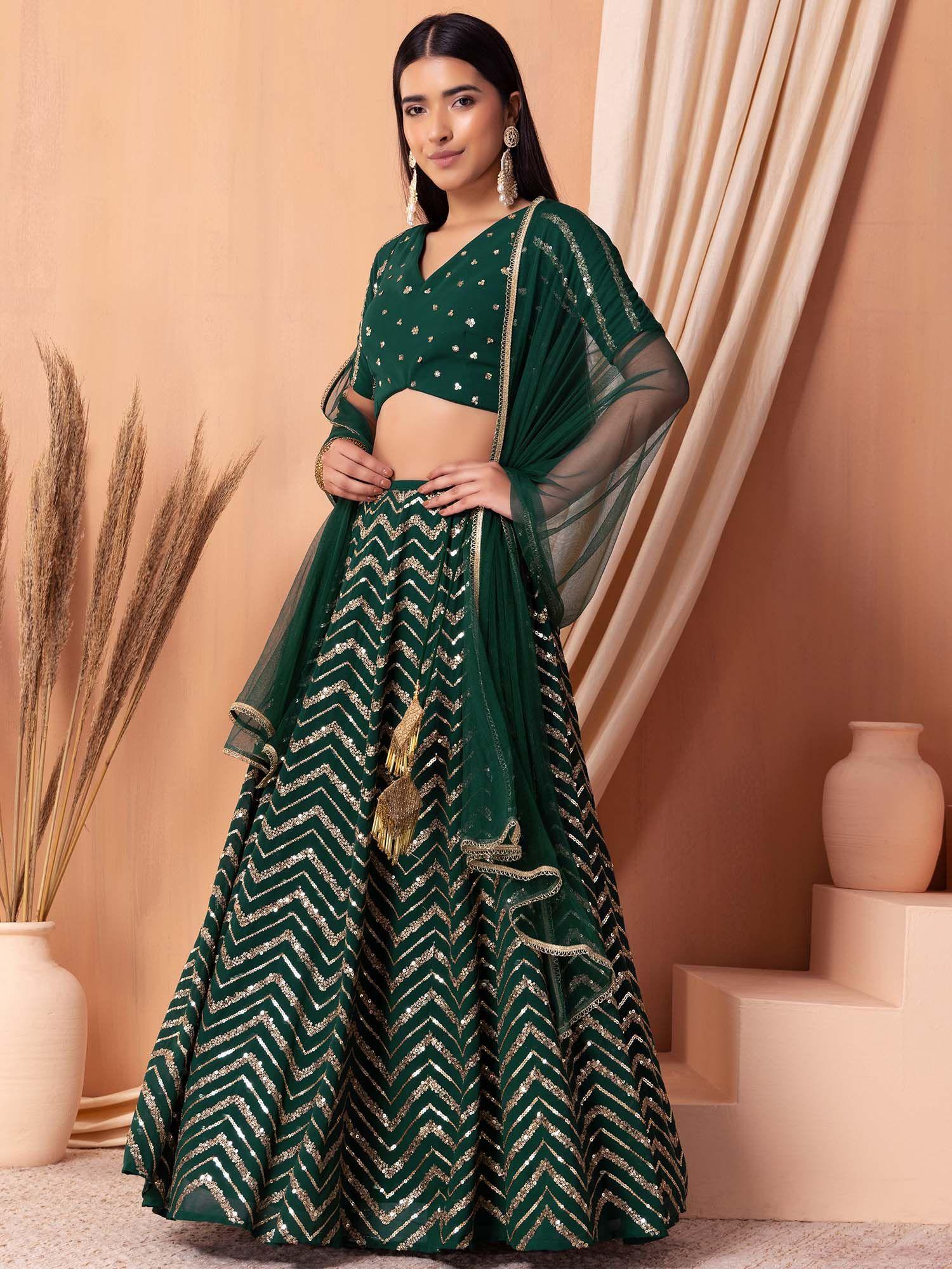 deep green sequin and zari embroidered lehenga with blouse and dupatta (set of 3)