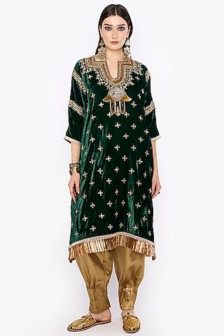 deep green silk velvet hand embroidered tunic set