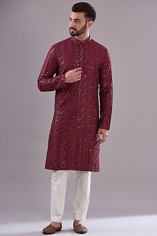 deep maroon silk embroidered kurta