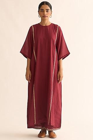 deep marsala cotton hand embroidered kaftan kurta set