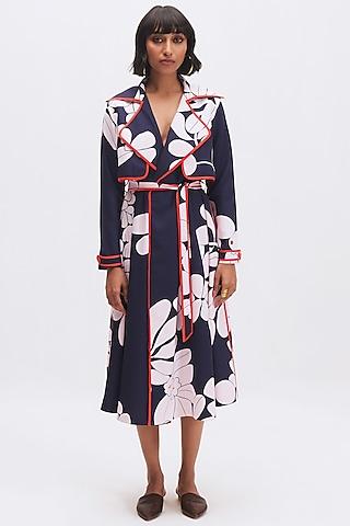 deep navy italian crepe printed trench dress