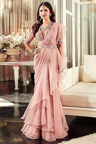 deep onion pink chiffon organza embroidered draped saree set