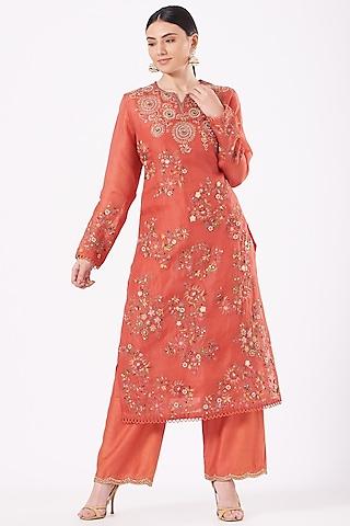 deep orange embroidered kurta set