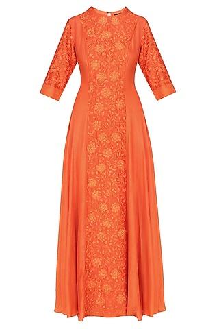 deep orange floral embroidered kalidaar kurta set