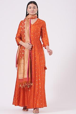 deep orange silk angrakha kurta set