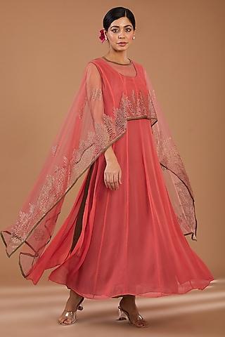 deep peach georgette & net embellished layered cape dress
