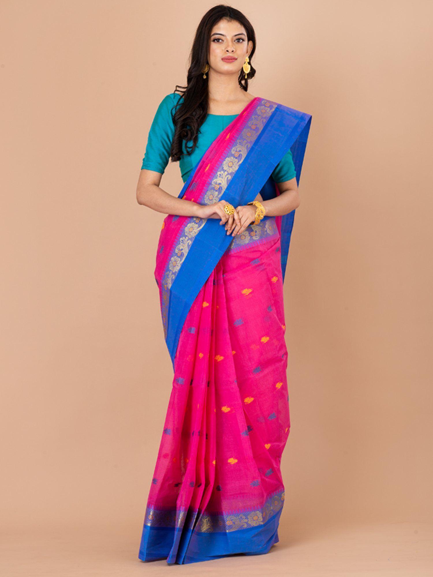 deep pink and blue pure cotton tant saree