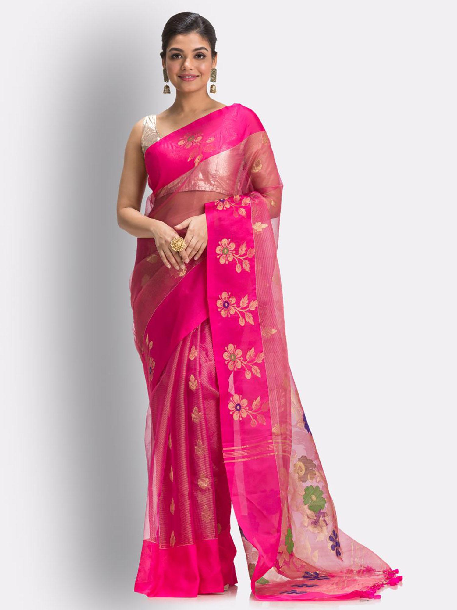 deep pink art silk muslin handloom jamdani saree with unstitched blouse