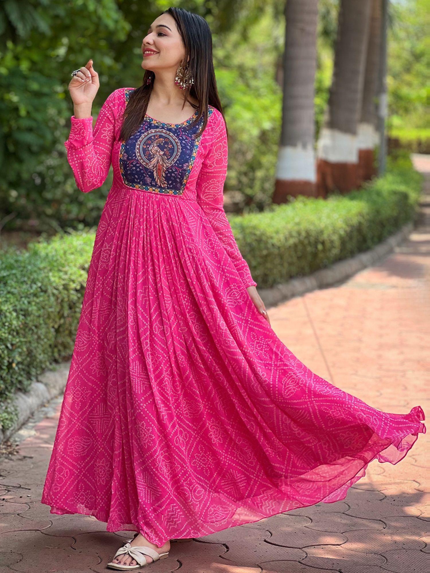 deep pink bandhej print dress