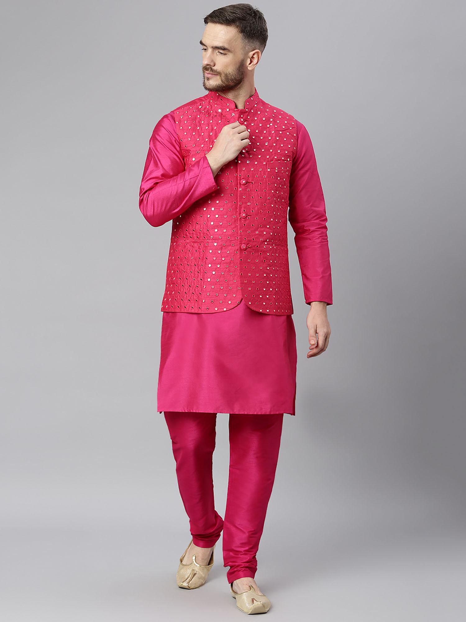 deep pink color silk kurta (set of 3)