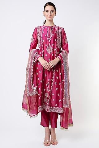 deep pink embroidered a-line kurta set