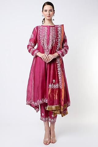 deep pink embroidered short anarkali set