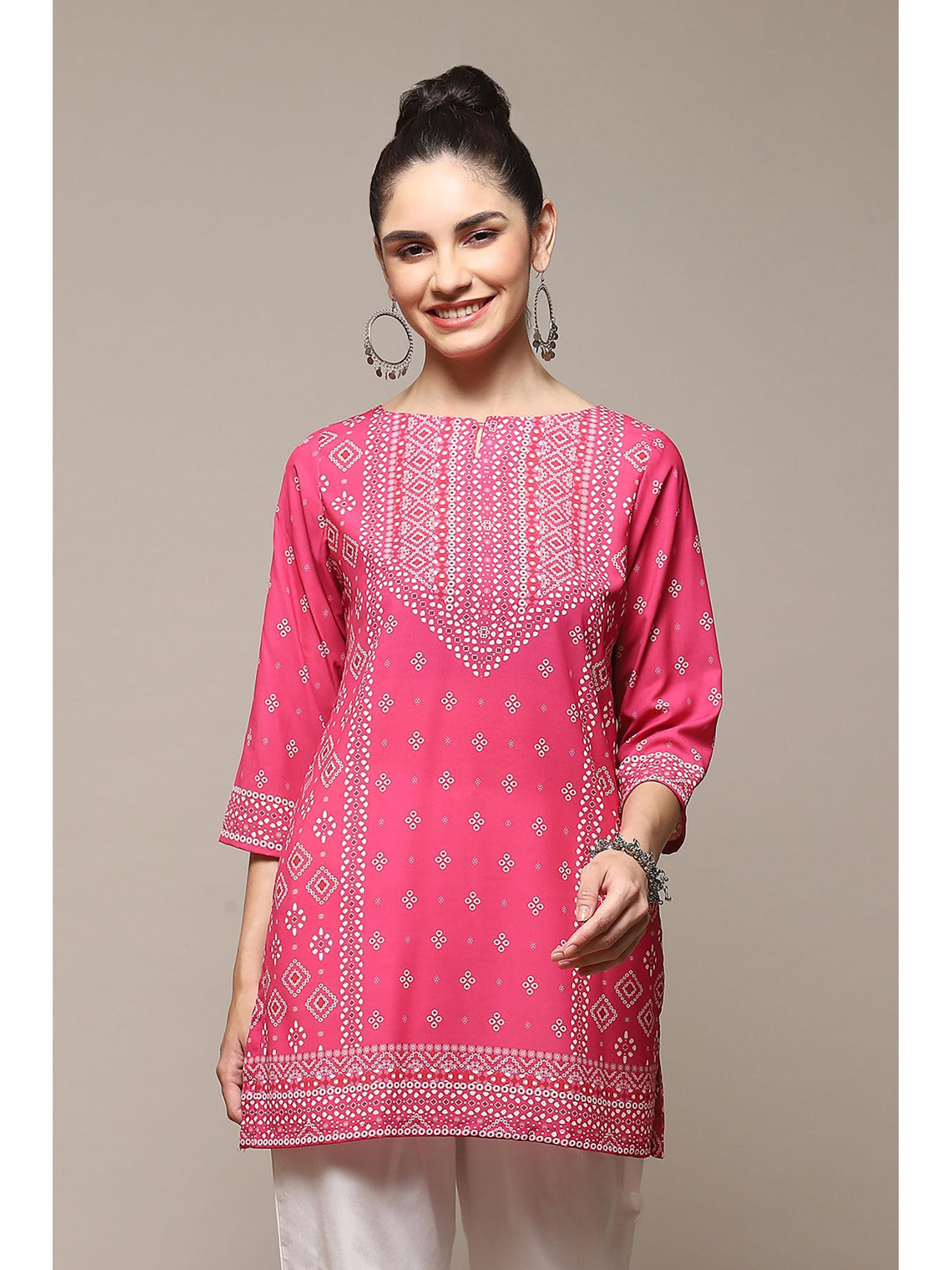 deep pink polyester straight printed kurti