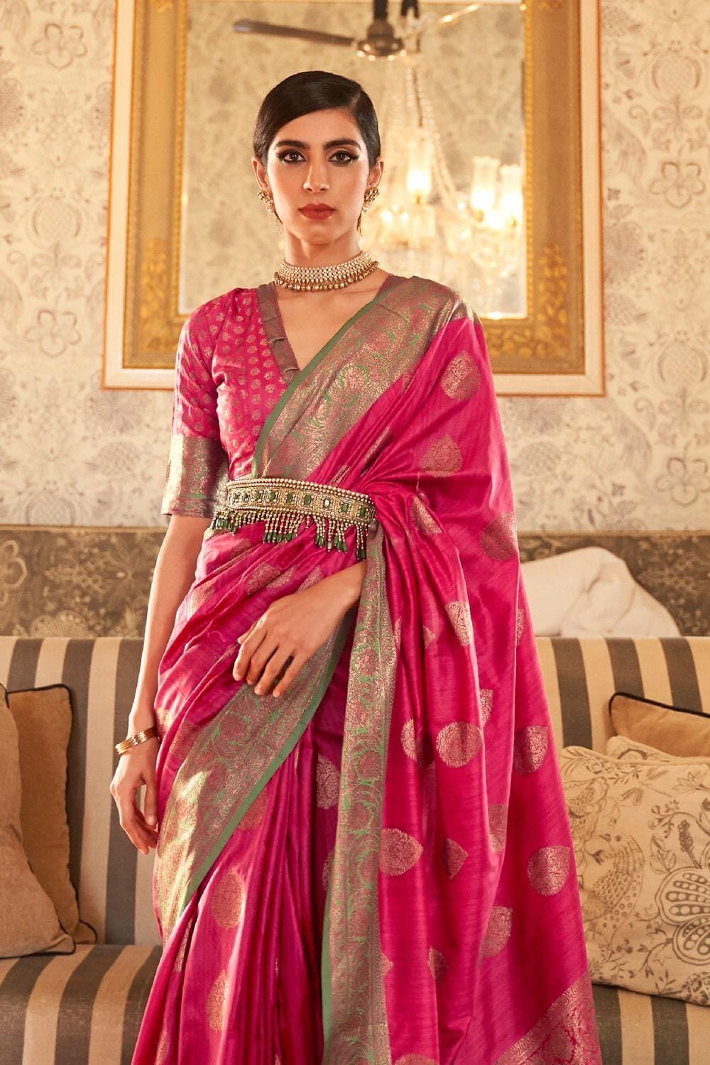 deep pink zari woven south silk saree