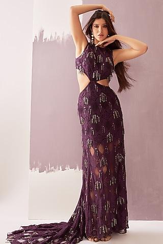 deep plum chantilly lace cut-out hand embroidered gown