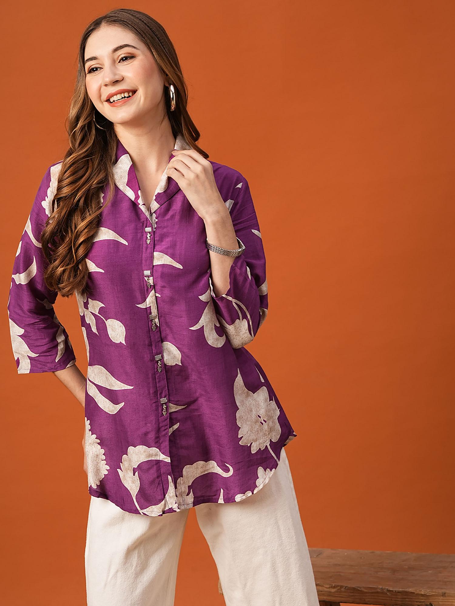 deep purple abstract floral printed kurti