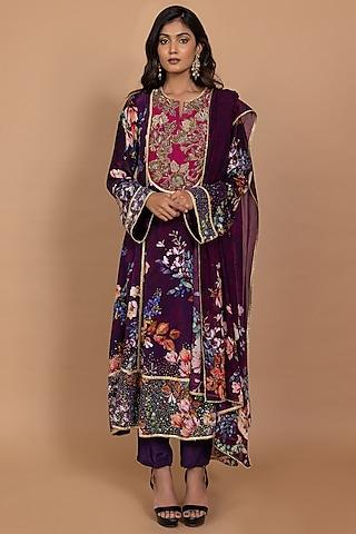 deep purple crepe floral printed & embroidered kurta set