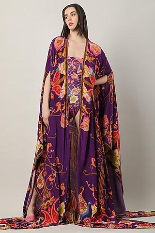 deep purple crepe printed & embellished cape