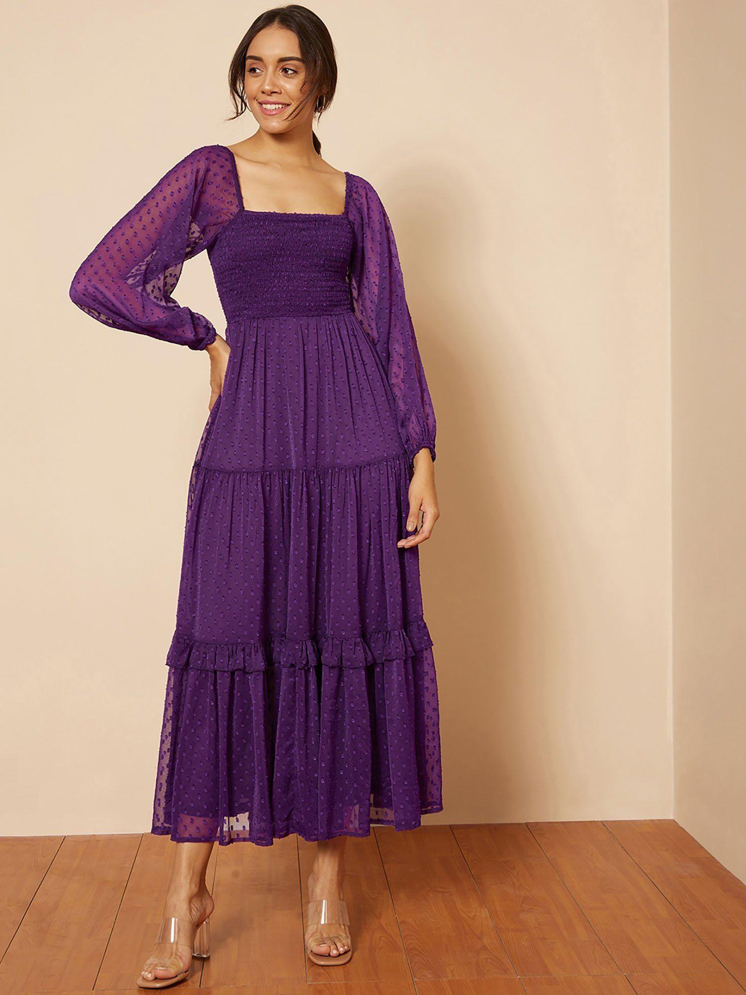 deep purple dobby smocked maxi dress